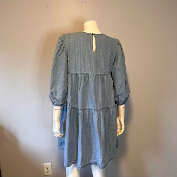 Mango Denim Tiered Smock Cotton Dress with Puff Sleeves in Blue Size 6 - Picture 5 of 11